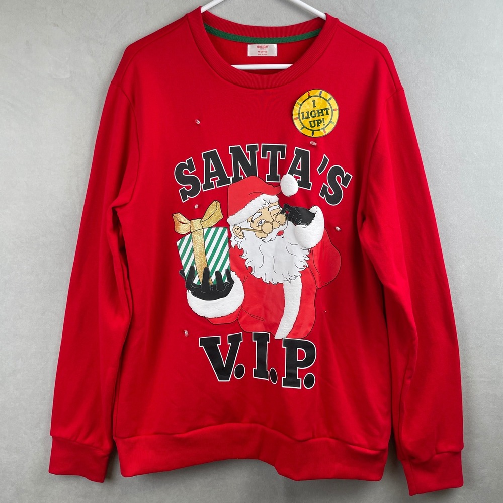 Holiday Time Mens Santa VIP Light Up Ugly Christmas Sweater Red Kitschy M 38-40